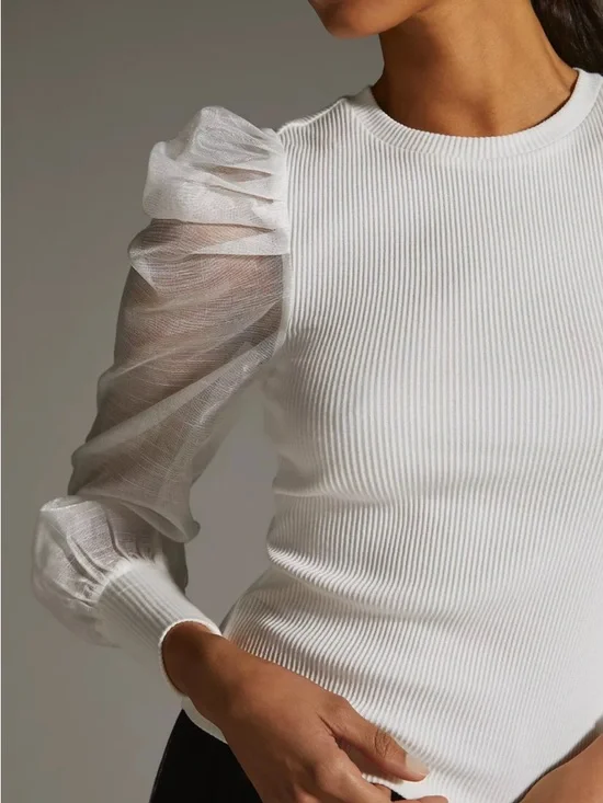 ANTHROPOLOGIE DOLAN SHEER PUFF SLEEVE BLOUSE RIB SWEATER TOP WHITE Size Large - Picture 5 of 10